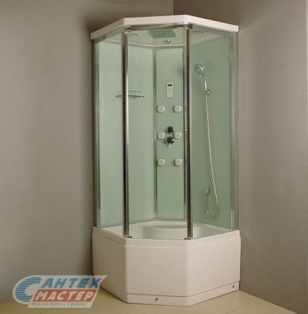 Душевая кабина 90х90х225 см Clio B, BandHours, поддон высокий, трапецевидная/пятиугольная, угловая, с гидромассажем, с верхним душем, смеситель, профиль хром , прозрачное стекло, белая, закрытая