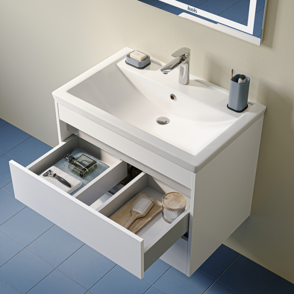 Тумба c раковиной IDDIS Zodiac X, 677х444х542 мм, подвесная, 2 выдвижных ящика, ЛДСП/раковина накладная, прямоугольная, цвет белый, санфарфор, отверстие под смеситель ZDX70W0i95K