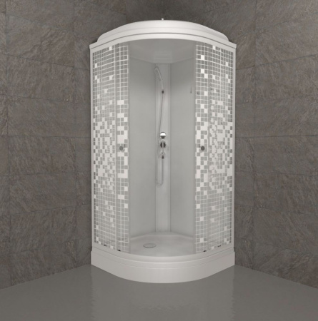 Душевая кабина 90х90х216 см Тритон Стандарт A3 поддон низкий, полукруглая, угловая, без гидромассажа, с верхним душем, передние стекла (рисунок мозаика), задние белые, смеситель, профиль хром матовый, прозрачное стекло, белая, закрытая