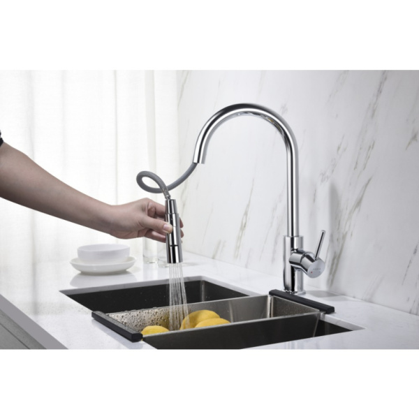 Смеситель для кухни/мойки Aquatek Европа однорычажный, вытяжной/поворотный излив, длина излива 229 мм, латунный, цвет хром