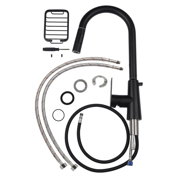 Смеситель для кухни/мойки AQUEDUC однорычажный, поворотный/выдвижной с мыльницей, керамический, длина излива 210 мм, нержавеющая сталь, цвет черный матовый 345719