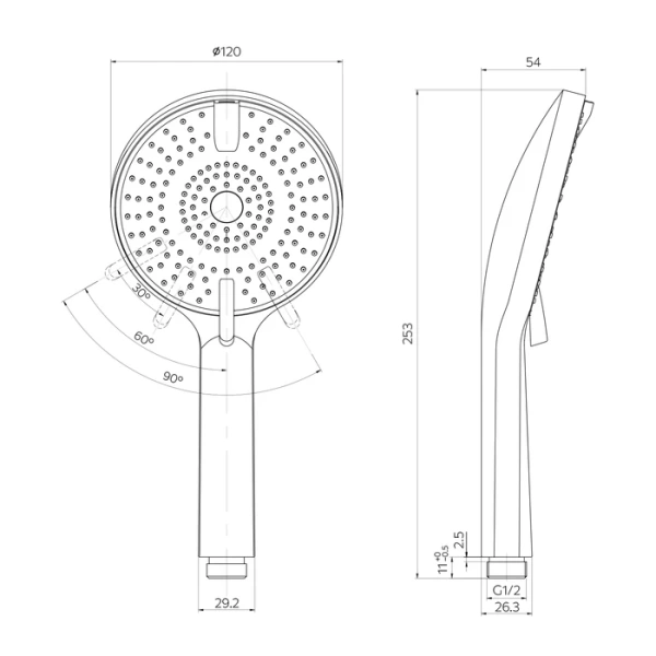 Лейка душевая Melodia Rora 120 мм L253 мм ручная, круглая, 4 режима, хром, ABS пластик, для душа/ванной ROR4FCRM18