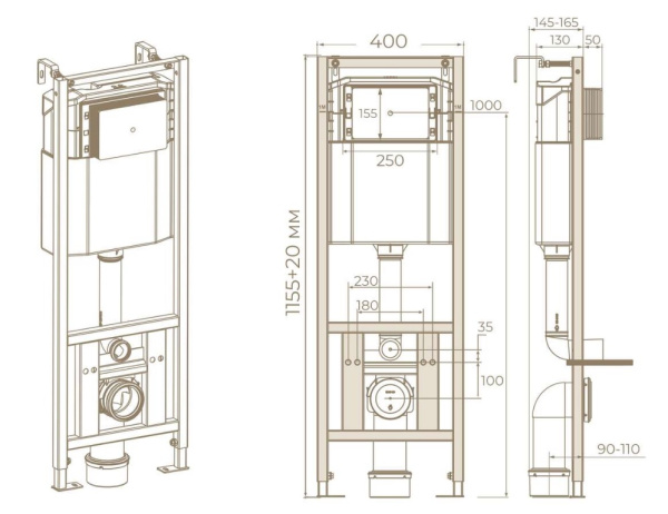 Инсталляция Knotlor Narrow без клавиши (конпки) смыва, система для подвесного унитаза, со скрытым смывным бачком (бак), комплект, размеры рамы (каркас) 400х1155х130 мм, скрытая