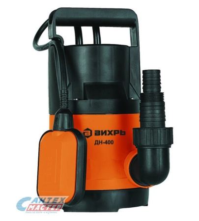 Насос погружной Вихрь ДН-400, 11.3 м³/ч, напор-8 м, 0.4 кВт  дренажный, с нижним забором (фекальный, канализационный), с поплавком, центробежный, электрический, для откачки чистой, грязной (до 35 мм) воды