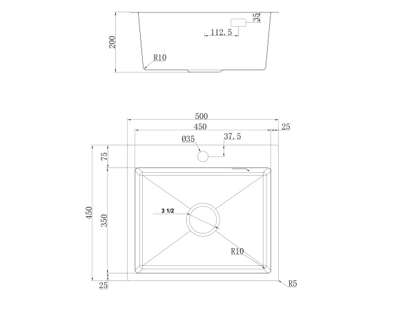 Мойка Ukinox Практика, 50х45 см, врезная, прямоугольная, цвет брашированная сталь, с отверстием под смеситель, перелив, без крыла, без выпуска