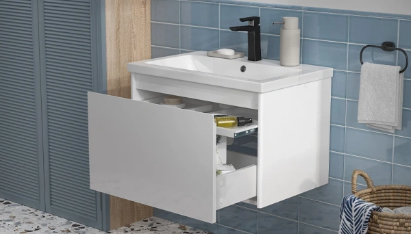 Тумба под раковину Velvex Klaufs 700-0-1, 684х443х440 мм подвесная, цвет белый глянец, 1 выдвижной ящик/выдвижной органайзер, подходит раковина Como 70, универсальная, в ванную комнату