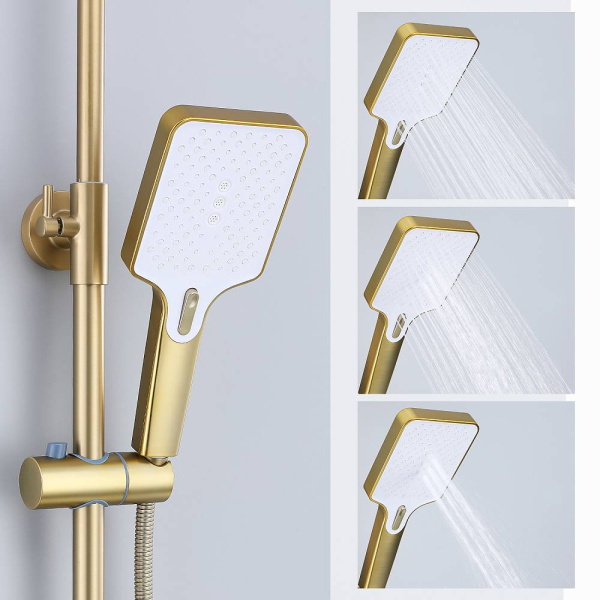 Душевая система Splenka S30.24 высота 725-1445 мм цвет сатин золотой, комплект: однорычажный смеситель/излив/тропический душ круглый (с верхней лейкой)/лейка/стойка/шланг, латунь/пластик