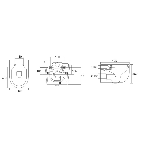 Унитаз-биде подвесной ABBER Bequem 495х360х360 мм цвет белый, горизонтальный, безободковый, смыв торнадо, сиденье дюропласт, микролифт AC1104TNS