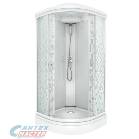 Душевая кабина 100х100х216 см Тритон Стандарт A поддон низкий, полукруглая, угловая, без гидромассажа, с верхним душем, передние стекла (рисунок мозаика) задние белые, смеситель, профиль хром матовый, прозрачное стекло, белая, закрытая