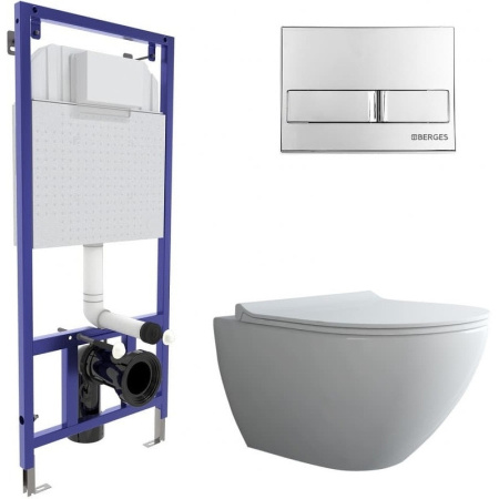 Комплект унитаза с инсталляцией Berges Novum 525 (унитаз подвесной, безободковый, PUMA Rimless 51 см, (горизонтальный/в стену выпуск), кнопка двойная L3 (хром глянец), сиденье Toma Slim SO, микролифт, быстросъёмное) 043272 Комплект унитаза с инсталляцией Berges Novum 525 (унитаз подвесной, безободковый, PUMA Rimless 51 см, (горизонтальный/в стену выпуск), кнопка двойная L3 (хром глянец), сиденье Toma Slim SO, микролифт, быстросъёмное) 043272