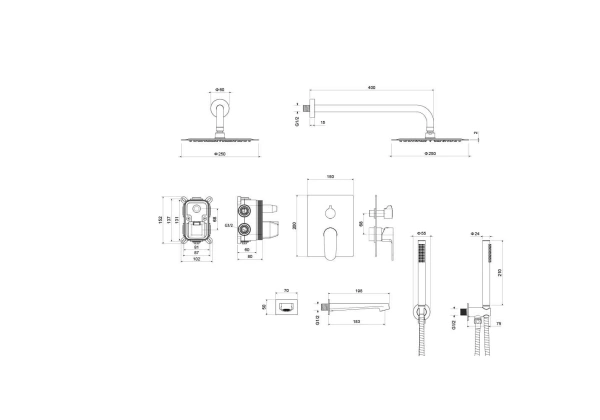 Душевая система Aquatek Оберон 4 в 1 встраиваемая, цвет шлифованное золото, комплект: однорычажный, смеситель/излив/тропический душ (с верхней лейкой)/лейка/шланг, встраиваемый (скрытый) монтаж