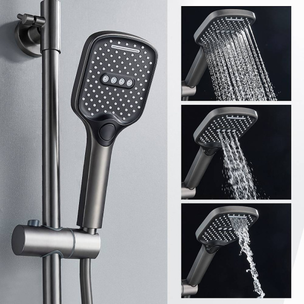 Душевая система Splenka S06.24.09 высота 770-1425 мм цвет графит, комплект: однорычажный смеситель/излив/тропический душ прямоугольный (с верхней лейкой)/лейка/стойка/шланг, латунь