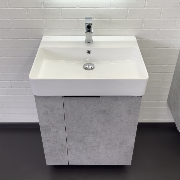 Тумба с раковиной Comforty Асти-60Н размер 60х86х45,5 см напольная, 1 распашная дверца, ЛДСП/МДФ, прямоугольная, цвет- бетон светлый/раковина Comforty CF3WL032 прямоугольная, цвет белый, встраиваемая