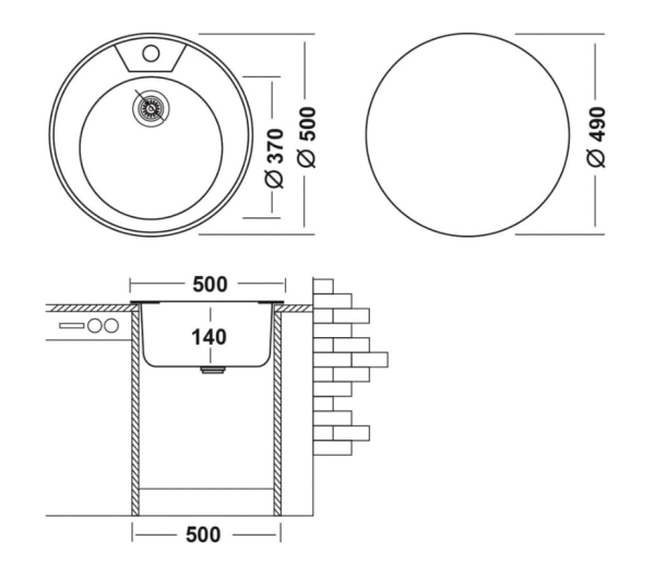 Мойка Ukinox Фаворит, 50х50 см, FAD500 ---4C 0C врезная, стальная, круглая, цвет нержавеющая сталь, с отверстием под смеситель, слив-перелив, без крыла, для кухни
