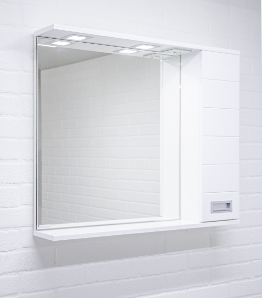 Зеркальный шкаф Домино Cube 80, 804х149х688 мм, с LED/ЛЕД-подсветкой, подвесной, цвет белый, зеркало, 1 распашная дверца, прямоугольный, правый, правосторонний