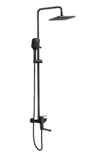 Душевая система SHEVANIK, высота 1480 мм, цвет черный матовый, комплект: однорычажный смеситель с изливом/тропический душ (с верхней лейкой)/стойка/лейка/шланг, наружного монтажа