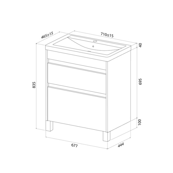 Тумба c раковиной IDDIS Zodiac X, 677х444х795 мм, напольная, 2 выдвижных ящика, ЛДСП/раковина накладная, прямоугольная, цвет белый, санфарфор, отверстие под смеситель ZDX70WFi95K