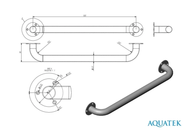 Поручень для душа/ванны Aquatek 500 мм настенный, нержавеющая сталь, округлый, хром