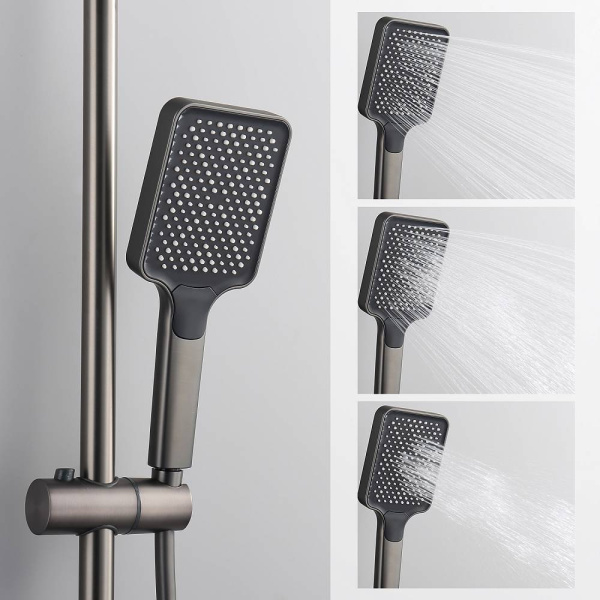 Душевая система Splenka S224.26.09 с термостатом, 1160-1560 мм цвет графит, комплект: термостатический смеситель/излив/тропический душ прямоугольный (с верхней лейкой)/лейка/стойка/шланг, латунь/нержавеющая сталь