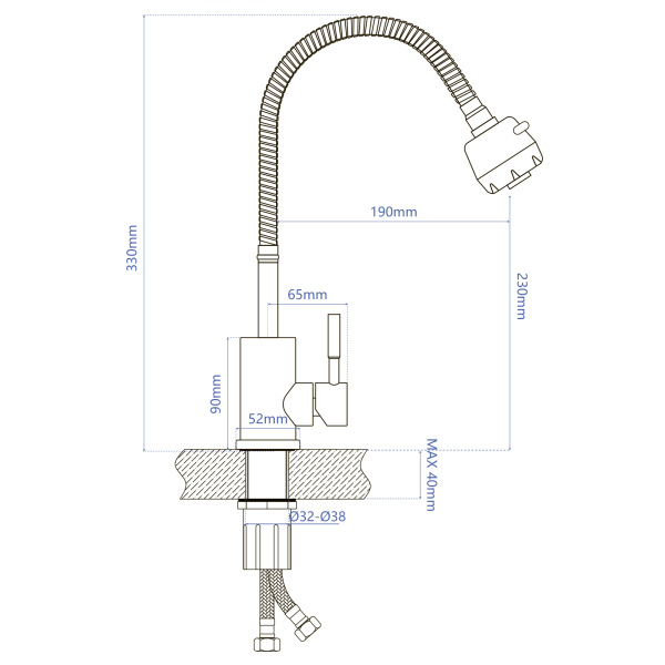 Смеситель для кухни/мойки AQUEDUC однорычажный, поворотный/гибкий, керамический, длина излива 190 мм, высота 230 мм, нержавеющая сталь 345319