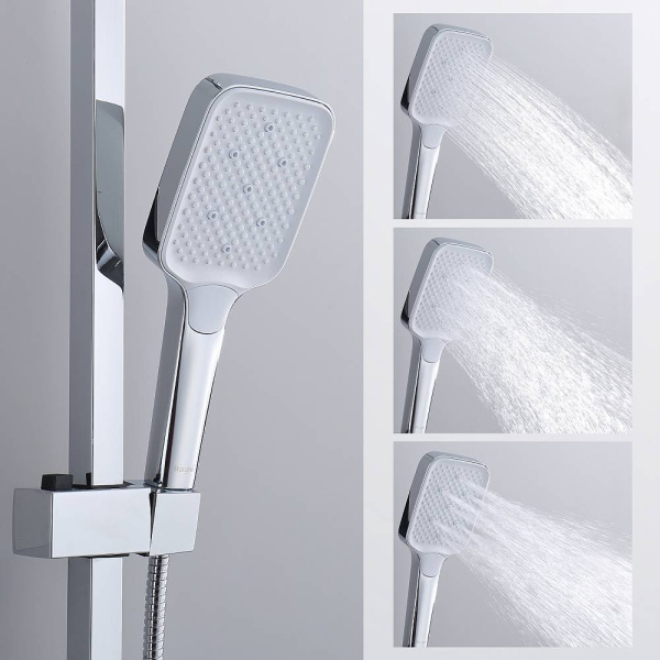 Душевая система Raglo R02.24 со смесителем, высота 1082-1650 мм цвет хром, комплект: однорычажный смеситель/излив/тропический душ прямоугольный (с верхней лейкой)/лейка/стойка/шланг, нержавеющая сталь/латунь