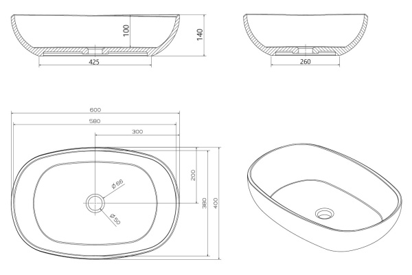 Раковина/умывальник ABBER Kristall, 60х40х15,5 см, накладная, овальная, из полиэфирной смолы, цвет прозрачный красный, без отверстия под смеситель, без слив-перелива