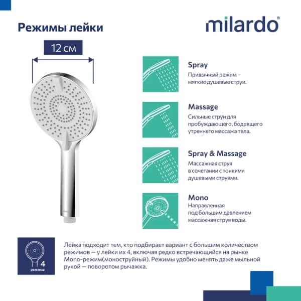 Лейка душевая Melodia Rora 120 мм L253 мм ручная, круглая, 4 режима, хром, ABS пластик, для душа/ванной ROR4FCRM18