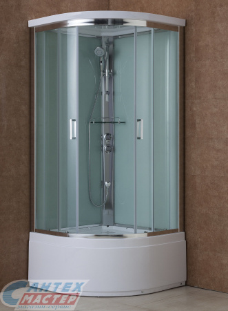 Душевая кабина 90х90х216 см Star B, BandHours поддон высокий, полукруглая, угловая, без гидромассажа, с верхним душем, смеситель, профиль хром , прозрачное стекло, белая, закрытая