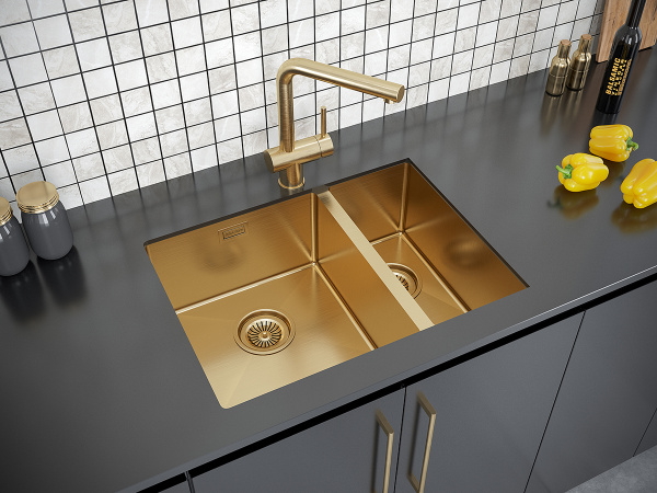 Мойка кухонная Paulmark ANNEX L, 59х44х20 см, две чаши, врезная, нержавеющая сталь, прямоугольная, цвет брашированное золото, без отверстия под смеситель, без крыла, слив-перелив, врезная в столещницу, для кухни