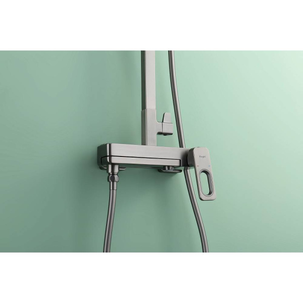 Душевая система Raglo R51.24.09 со смесителем, высота 1087-1655 мм цвет графит, комплект: однорычажный смеситель/излив/тропический душ прямоугольный (с верхней лейкой)/лейка/стойка/шланг, латунь