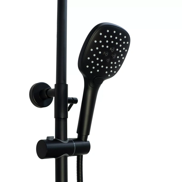 Душевая система Comforty, высота 1300 мм, цвет черный матовый, комплект: однорычажный смеситель/излив/тропический душ (с верхней лейкой)/стойка/лейка/шланг, наружного монтажа
