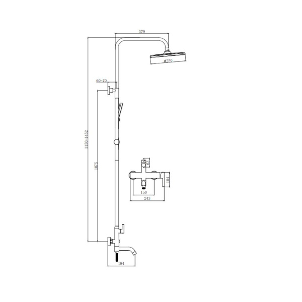 Душевая система Splenka S221.24.09 высота 1070-1370 мм цвет графит, комплект: однорычажный смеситель/излив/тропический душ круглый (с верхней лейкой)/лейка/стойка/шланг, нержавеющая сталь