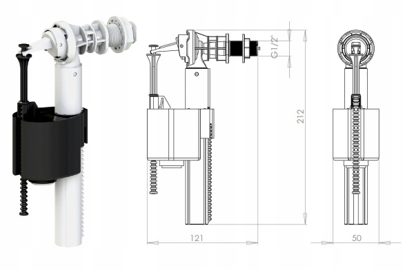 Впускной клапан KK-POL ZN5 боковой подвод воды 1/2" нр. штуцер пластик, для пластиковых и керамических бачков, заливной механизм