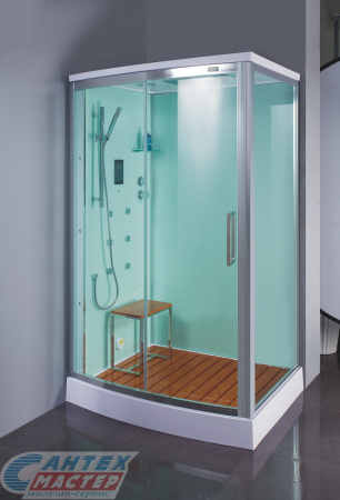 Душевая кабина 90х120х220 см Omega L, BandHours (левая) поддон низкий, прямоугольная, угловая, с гидромассажем, с паром, с верхним душем, смеситель, профиль хром, прозрачное стекло, белая, закрытая