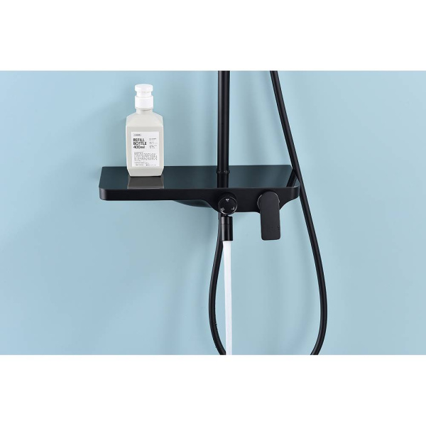 Душевая система Raglo R60.24.06 со смесителем, высота 1100-1530 мм цвет черный, комплект: однорычажный смеситель/излив/тропический душ прямоугольный (с верхней лейкой)/лейка/стойка/шланг, латунь