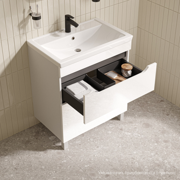 Тумба под раковину IDDIS Ray, 677х443х795 мм, напольная, 2 выдвижных ящика, МДФ, цвет белый глянцевый, система плавного закрывания, прямоугольная, универсальная, в ванную комнату RAY70WFi95