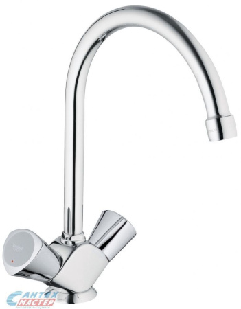 Смеситель для раковины Grohe Costa S двухвентильный, излив высокий, длина 182 мм, поворотный, резиновый, латунь, цвет хром, с донным клапаном