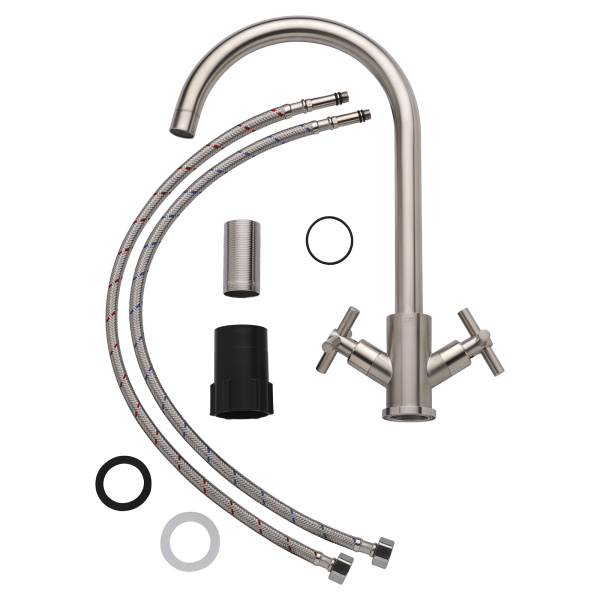 Смеситель для кухни/мойки AQUEDUC двухвентильный, поворотный, длина излива 220 мм, нержавеющая сталь, цвет сталь 345713