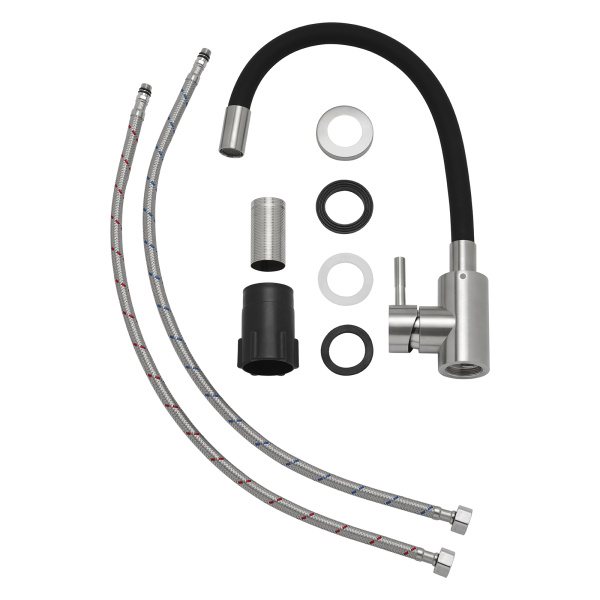 Смеситель для кухни/мойки AQUEDUC однорычажный, поворотный/гибкий, керамический, длина излива 180 мм, высота 250 мм, нержавеющая сталь/силикон, цвет сталь/черный 345321