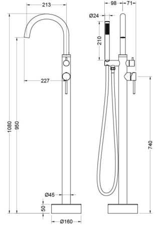 Смеситель для ванны/душа Aquatek Европа напольный, однорычажный, поворотный, длина 227 мм, керамический, латунь, цвет матовый черный