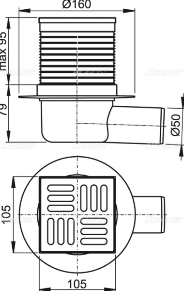 Сливной трап Alcaplast 105x105/50 мм боковой подвод нерж/решетка APV1