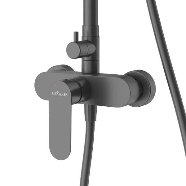 Душевая система Cezares Stylus высота 1460 мм, цвет черный матовый, комплект: однорычажный смеситель/тропический душ (с верхней лейкой)/стойка/лейка/шланг, наружного монтажа
