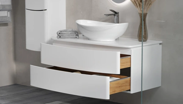Тумба со столешницей Velvex Luna 100, 1000х520х440 мм, подвесная, цвет белый, 2 выдвижных ящика, подходит раковина Velvex 7027A универсальная, в ванную комнату