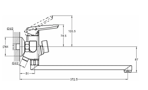 Смеситель для ванны/душа G-lauf однорычажный, керамический, настенный, излив длинный литой 322 мм, латунь хром LOF7-A033 (Глауф)