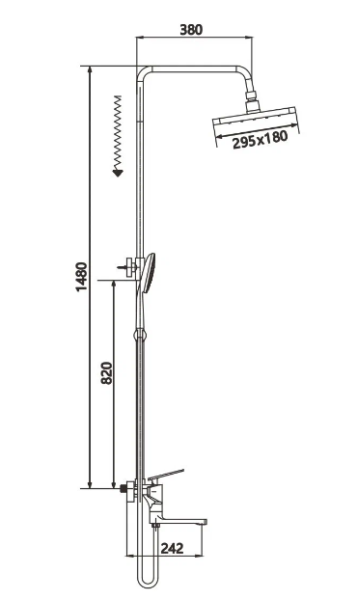 Душевая система SHEVANIK, высота 1480 мм, цвет черный матовый, комплект: однорычажный смеситель с изливом/тропический душ (с верхней лейкой)/стойка/лейка/шланг, наружного монтажа