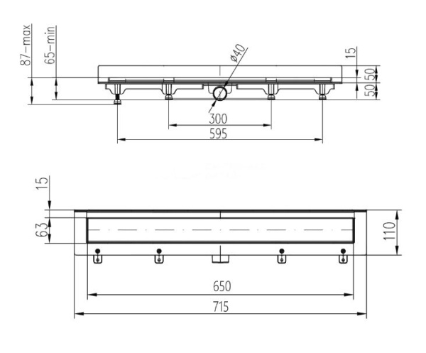 Водоотводящий желоб MCH CH 650 KC2 Klasik/Floor 650 мм черный, пристенный, с решеткой и боковым сливом для монтажа к стене, D40 трап линейный для душа в полу, под плитку, сливной