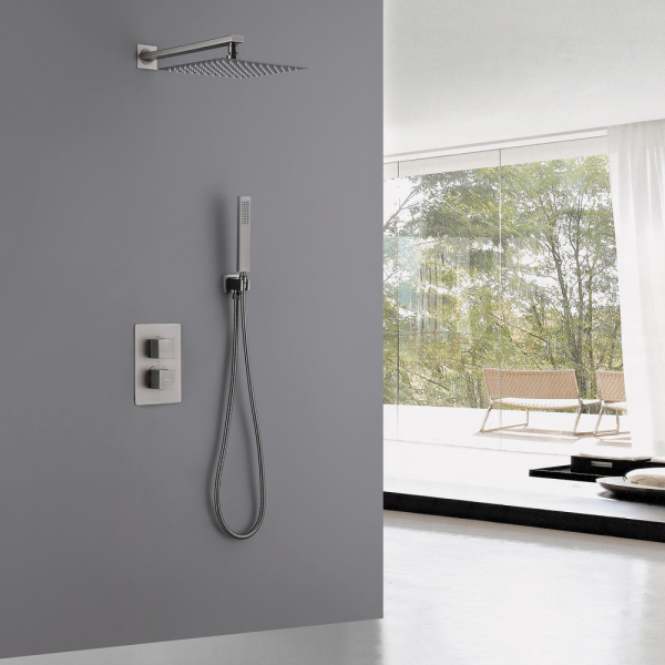 Душевая система ABBER Daheim, встраиваемая, цвет никель, комплект: смеситель термостатический/тропический душ (с верхней лейкой)/лейка/шланг, внутренний (скрытый) монтаж