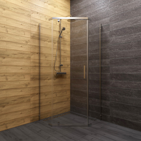 Душевое ограждение Тритон Дека-Хром, 100х100х190 см, без поддона, пятиугольная форма, пристенный/угловой, стекло прозрачное, (без сифона) без крыши, распашная, алюминиевый профиль, цвет хром 