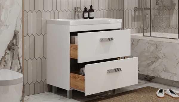 Тумба под раковину Velvex Orlando 800-0-2, 799х445х799 мм напольная, цвет белый матовый, 2 выдвижных ящика, подходит раковина Madera Classica rkCla.80-81, универсальная, в ванную комнату