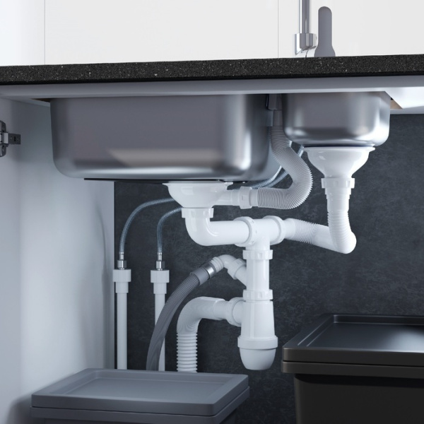 Сифон IDDIS Kitchen Line 3 1/2 х 40 мм, бутылочный, для двойной разноуровневой мойки, с отводом, с прямоугольным переливом, полипропилен S21UPS0i84